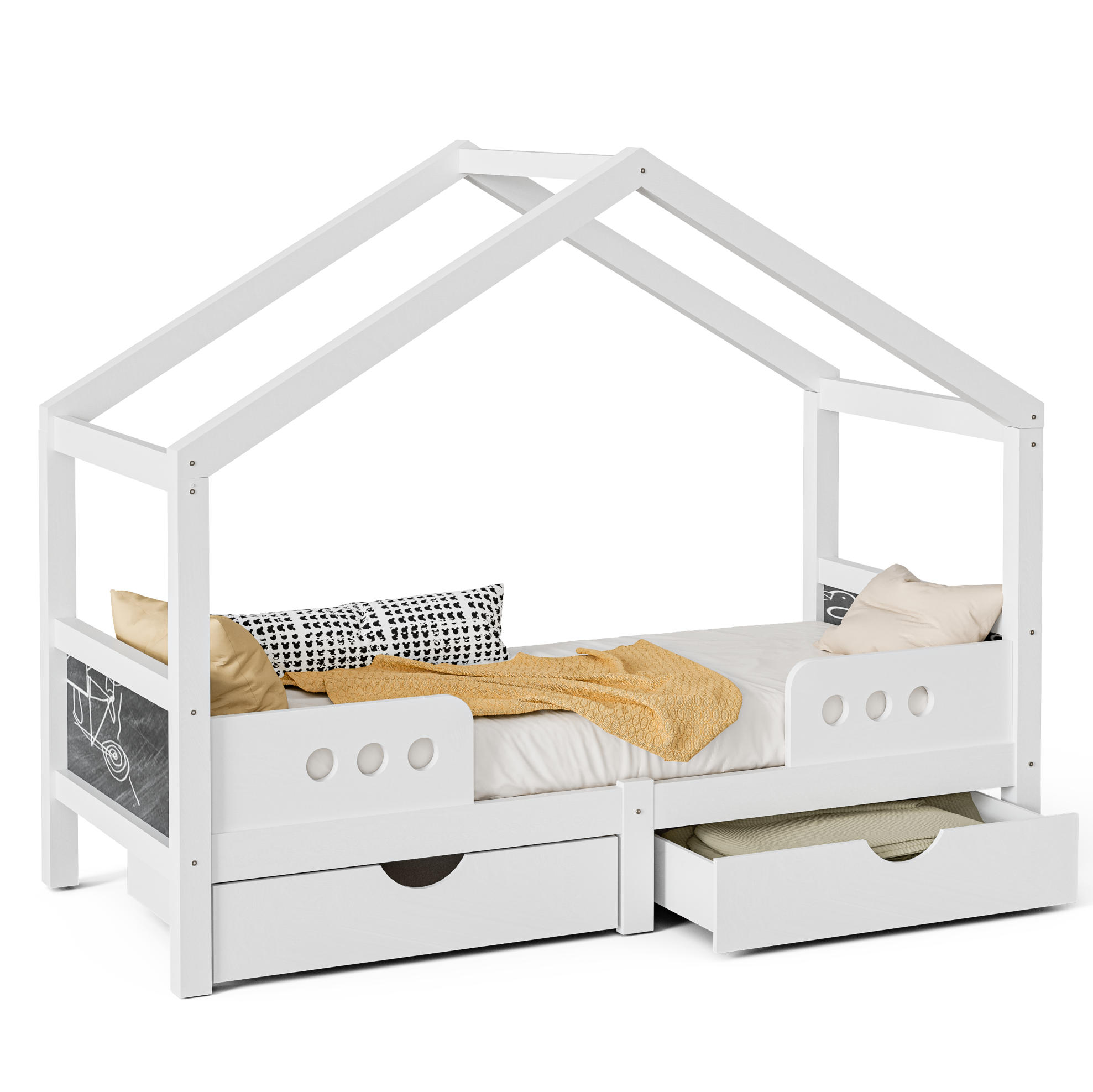 KINDERBETT 90/200 cm mit Dachdesign, Tafel und 2 Schubladen aus Holz und MDF, Weiß - Weiß, Holz (90/200cm) - Redom