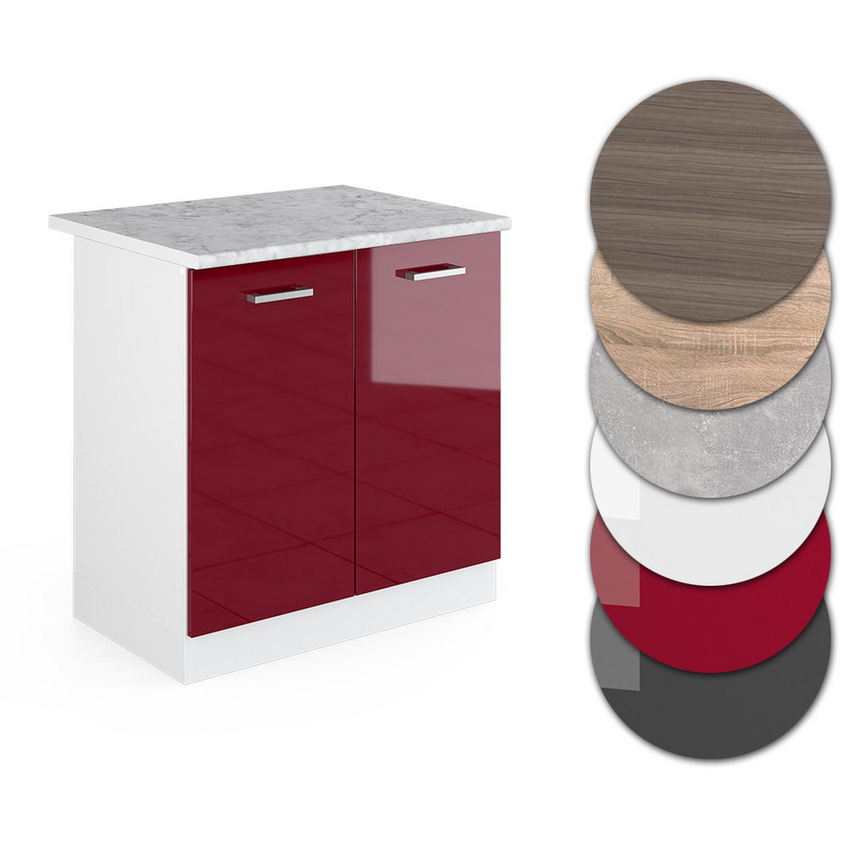 SPÜLENUNTERSCHRANK R-Line Rot Hochglanz 80 cm , AP Marmor - Rot/Weiß, Holzwerkstoff (80/81.6/60cm) - Vicco