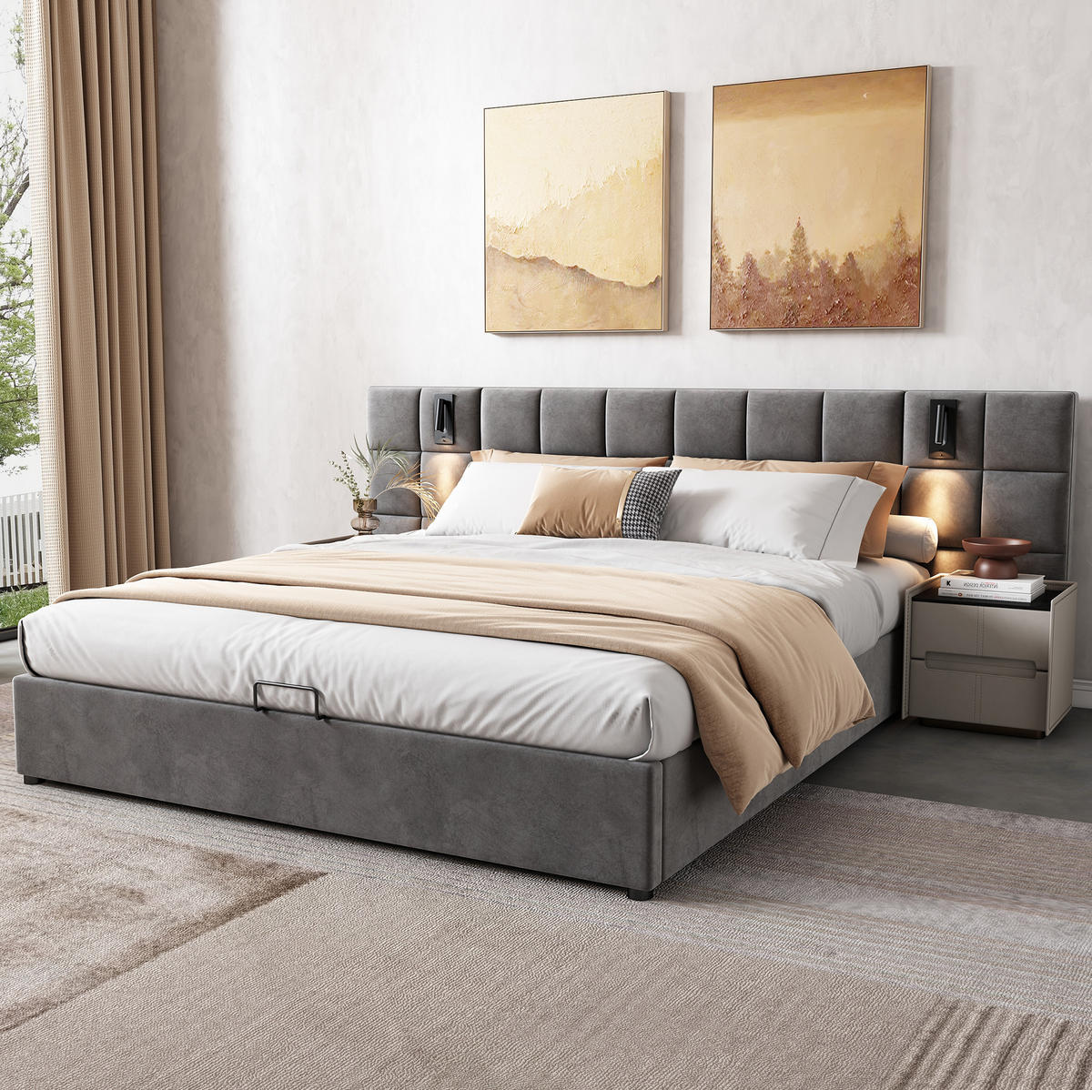 POLSTERBETT aus Stahl 160x200 cm in Grau mit Stauraum, Leselicht & USB - Grau, Textil (160/200cm) - Modfu