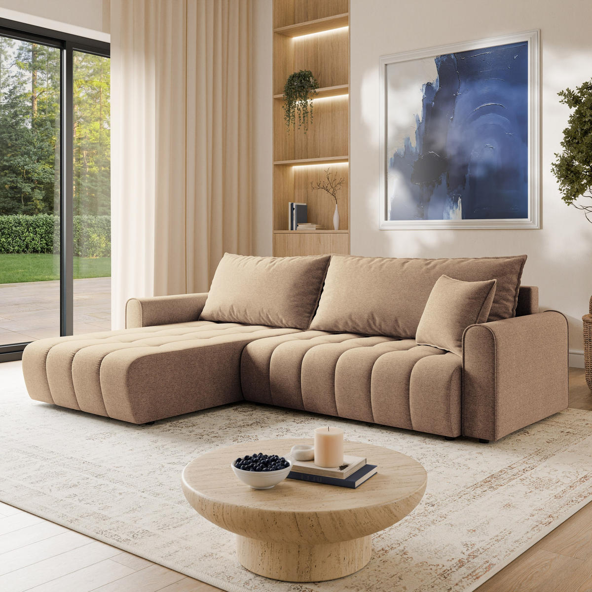 ECKSOFA FRIGA Beige Strukturstoff mit Schlaffunktion - Beige, Holz (283/185cm) - MASSENO