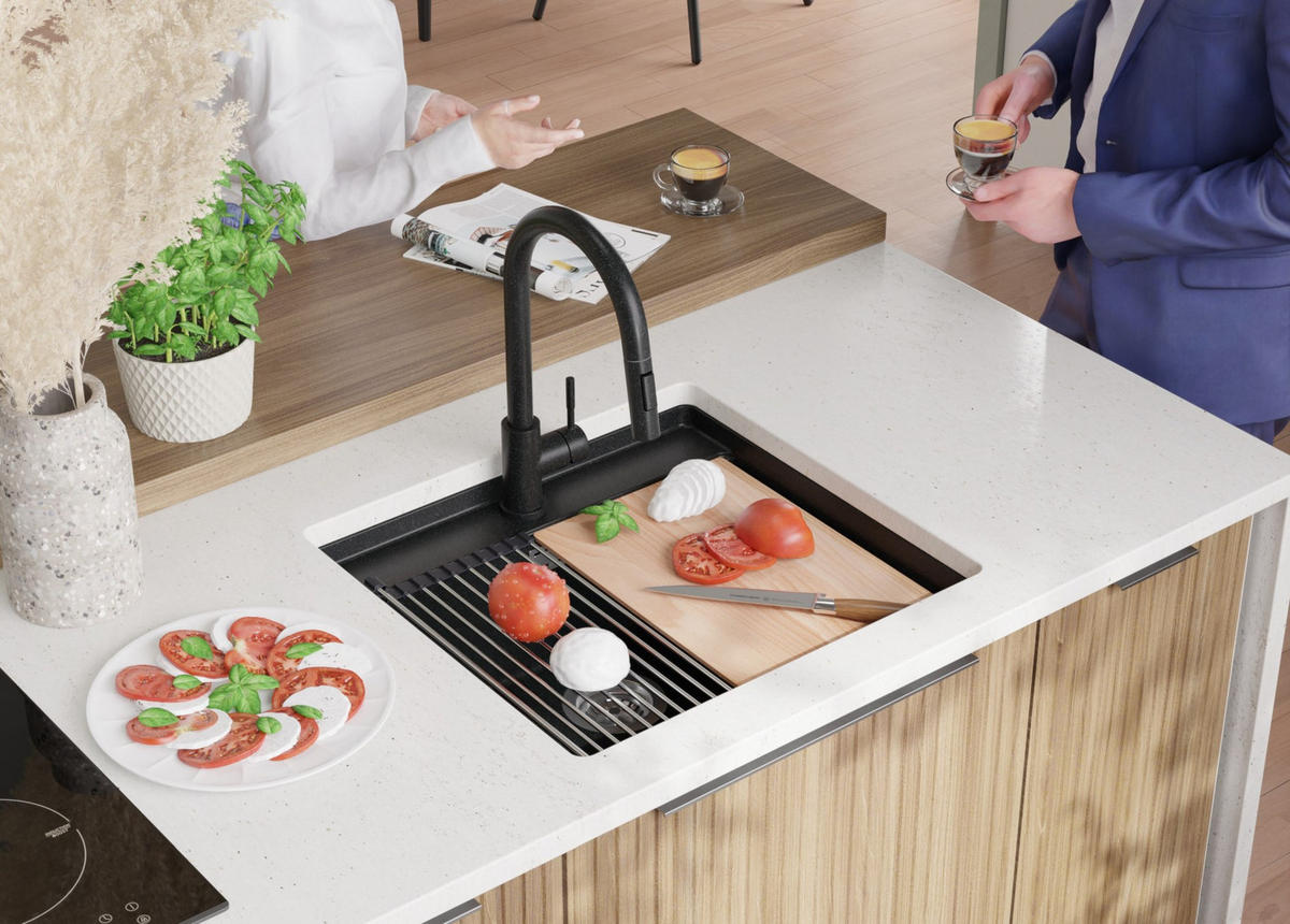 UNTERBAUSPÜLE GRANIT Bergen, 2-er set Anthrazit 56/53 cm 1 Becken + Ablauf-Set + Schneidebrett ab 60er Unterschrank - Chromfarben/Anthrazit, Kunststoff (56/20/53cm) - Primagran