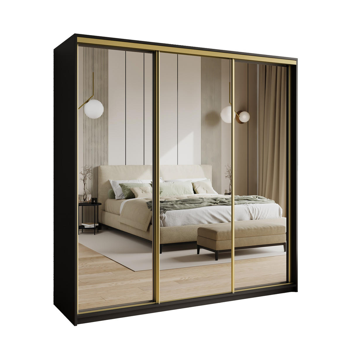 SCHWEBETÜRENSCHRANK RIEN 200/205/60 cm 3-türig mit Spiegel Schwarz - Schwarz, Holzwerkstoff (200/205/60cm) - MASSENO