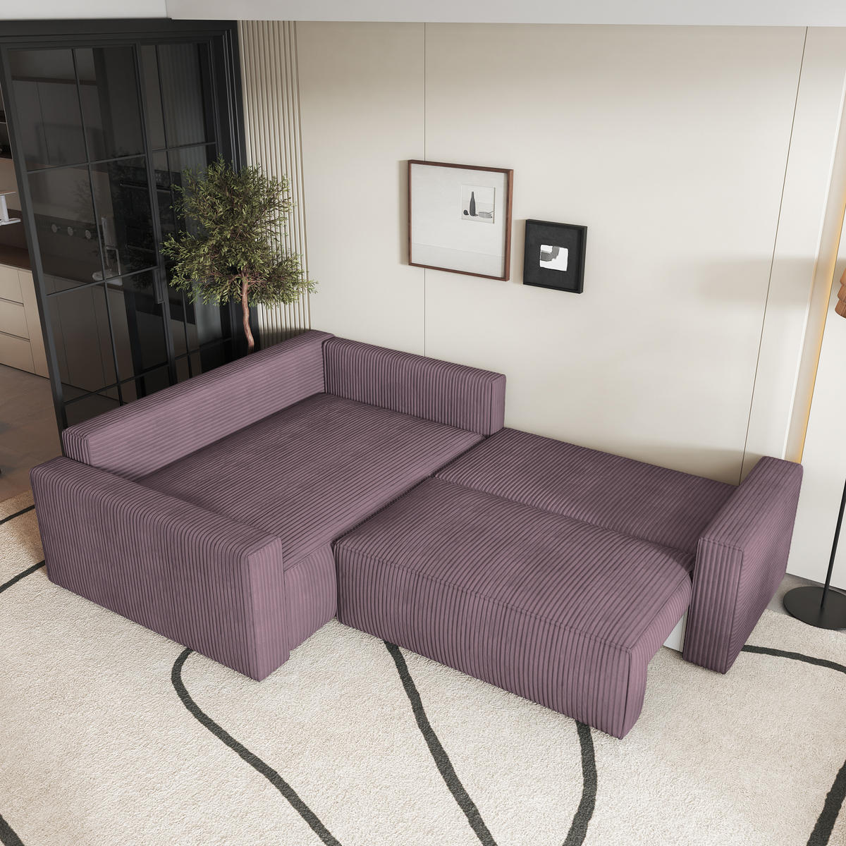 ECKSOFA ERONIS L-S Lila Kordstoff mit Schlaffunktion - Lila, Holz (265/194cm) - MASSENO