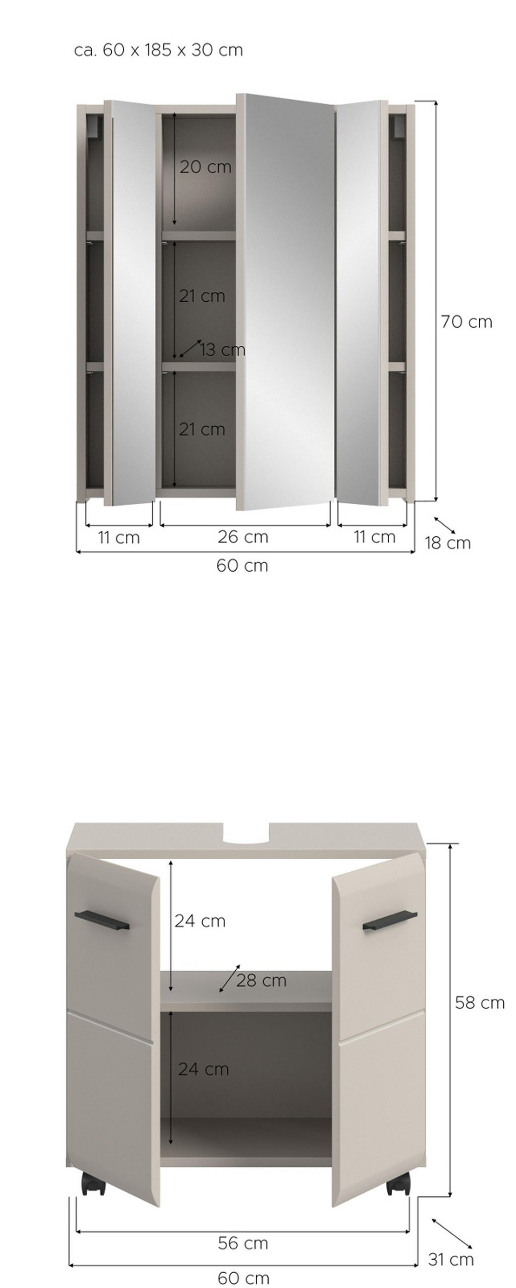 BADMÖBEL-SET Kaschmir 60 cm 2-teilig, Waschbeckenunterschrank auf Rollen - Kaschmir/Schwarz, Glas/Holzwerkstoff (60/185/30cm) - Inn.Furn