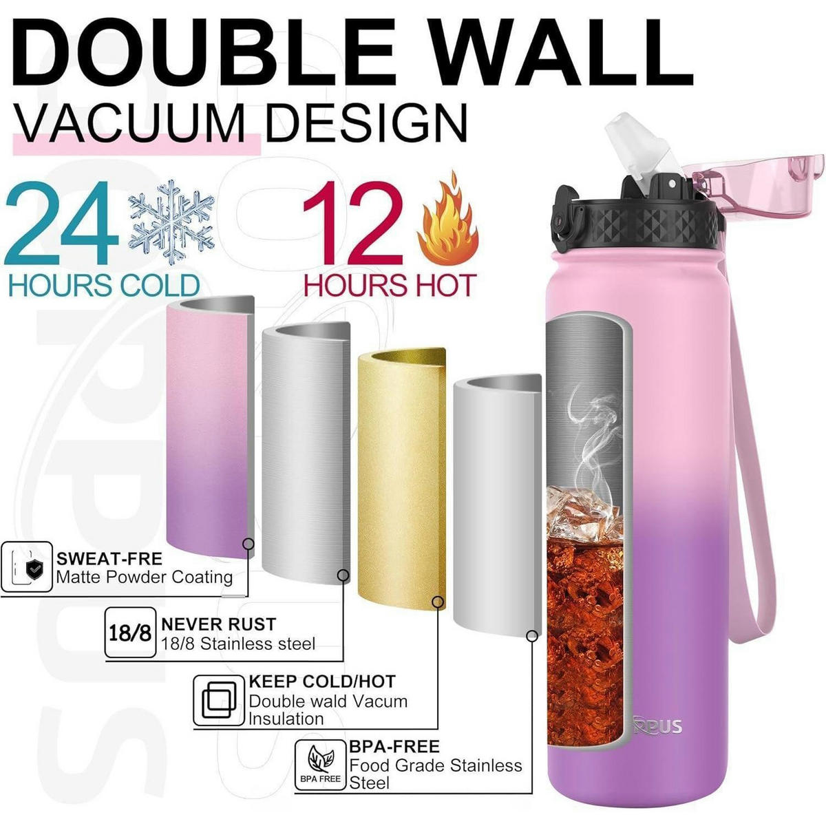THERMOSFLASCHE 1 Liter mit Strohhalm und Trageriemen, Edelstahl, auslaufsicher, BPA-frei, Rosa/Lila - Multicolor, Metall (8/8cm)