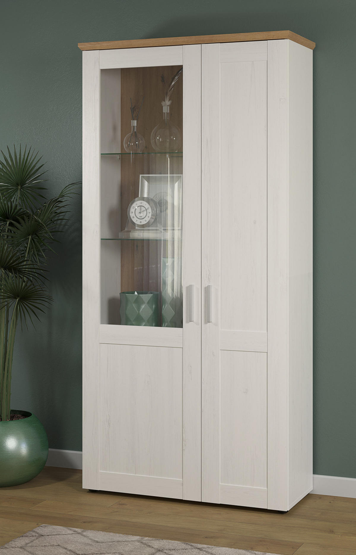 VITRINE Pinie weiß, Eiche Artisan 95 x 194 cm, Vitrinenschrank Landhaus-Stil - Silberfarben/Schwarz, Glas/Holzwerkstoff (95/195/38cm) - Top.Furn