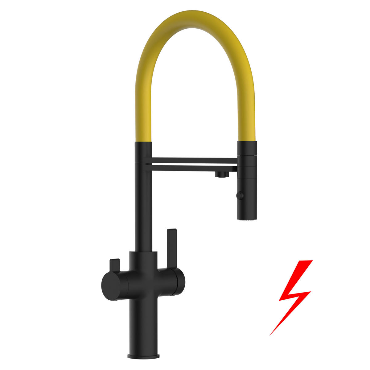 NIEDERDRUCK-3-WEGE-KÜCHENARMATUR, Schwarz Matt und Gelb, 2-Strahl-Brause - Gelb, Metall (20.61/48/20.61cm) - VIZIO