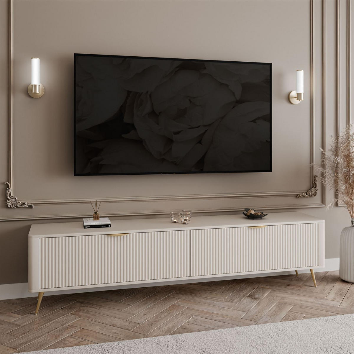 TV-ELEMENT SCARLETT 2D 200 CM AUF BEINEN BEIGE + GOLD - Beige, Holzwerkstoff (200/51/38cm) - Lookway