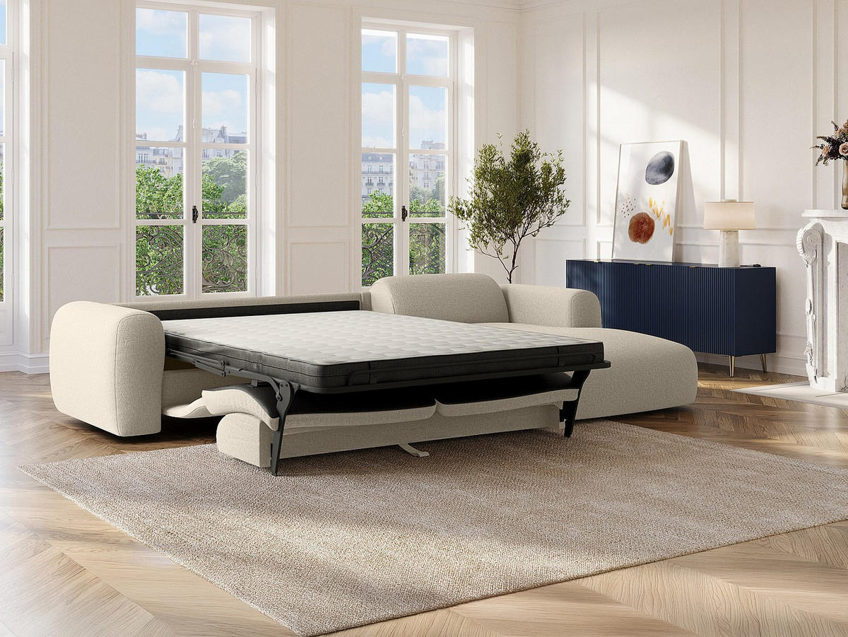 ECKSOFA mit Express-Schlaffunktion - Ecke rechts - Stoff meliert - Beige - POGNI - Beige, Textil (299/165cm) - Vente-Unique