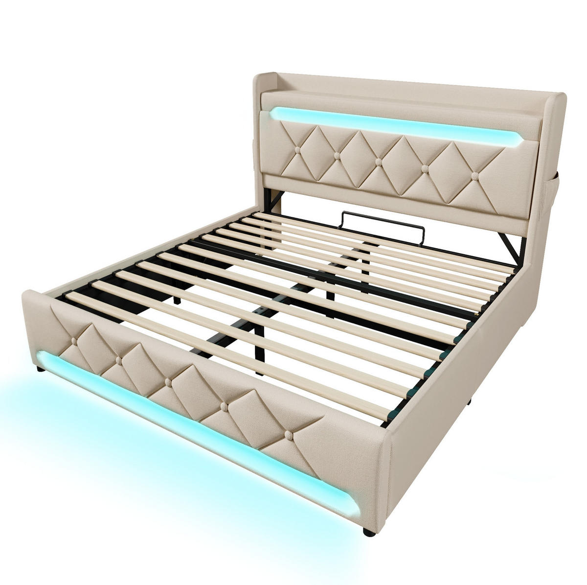 POLSTERBETT mit Stauraum und LED 140x190 cm Beige - Beige, Metall (140/190cm) - Meubliv
