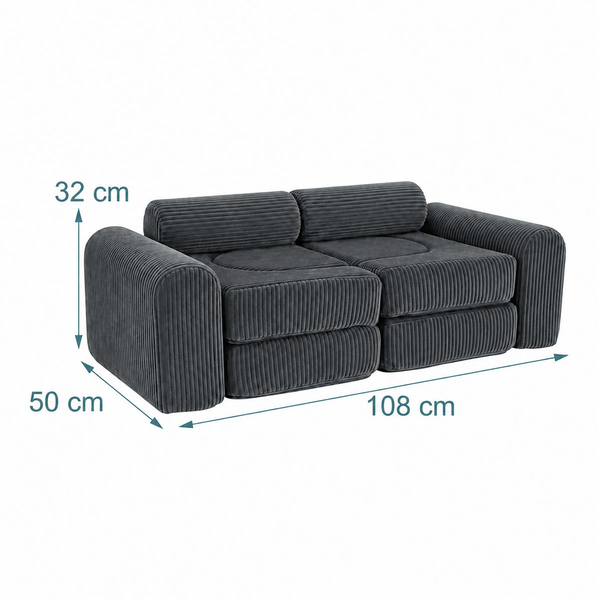 KINDERSOFA Anthrazit modular 10-tlg. - Anthrazit, Kunststoff/Textil (108/32/50cm) - Relaxdays
