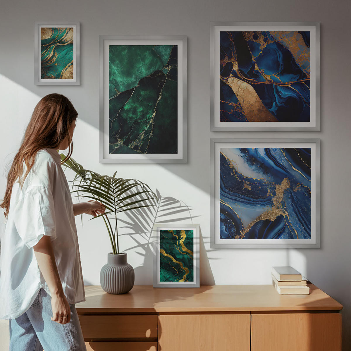 WANDBILDER 5er Set - 50x50 cm & 20x30 cm & 40x60 cm Silberner Rahmen - Blumen, heller Hintergrund, Marmormuster - Silberfarben, Kunststoff (40/60cm) - ArtPrintCave