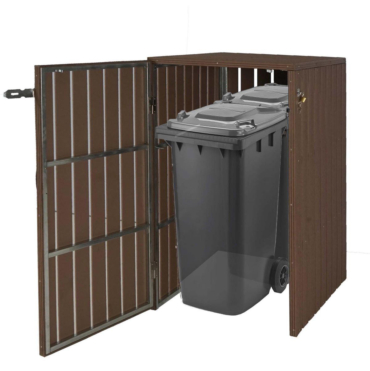 MÜLLTONNENBOX XL 1er-/2er-WPC HxBxT 115x77x97cm Metall Holzoptik erweiterbar Braun - Braun, Metall (77/115/97cm) - PROREGAL