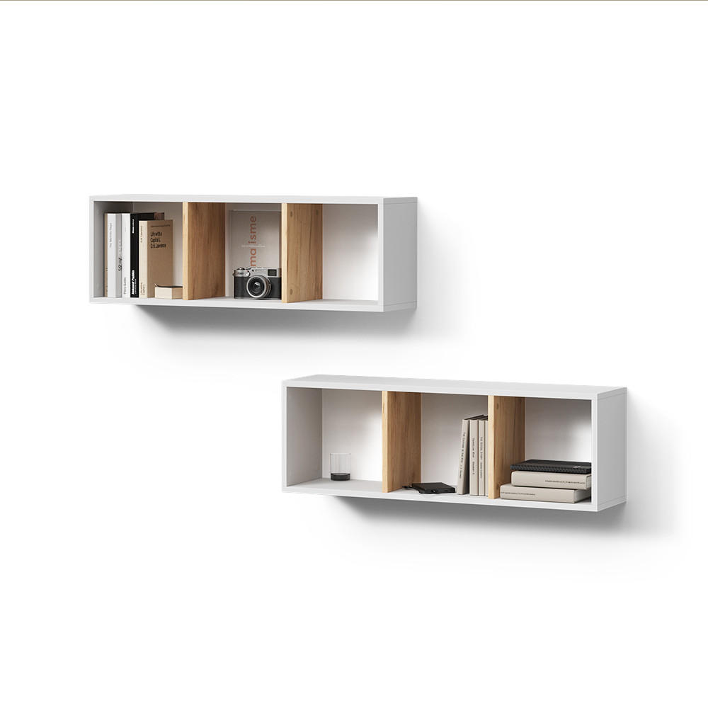 WANDREGAL Lorena Weiß/Goldkraft Eiche 90 x 30 cm 2er Set - Weiß, Holzwerkstoff (90/30/22cm) - Livinity®