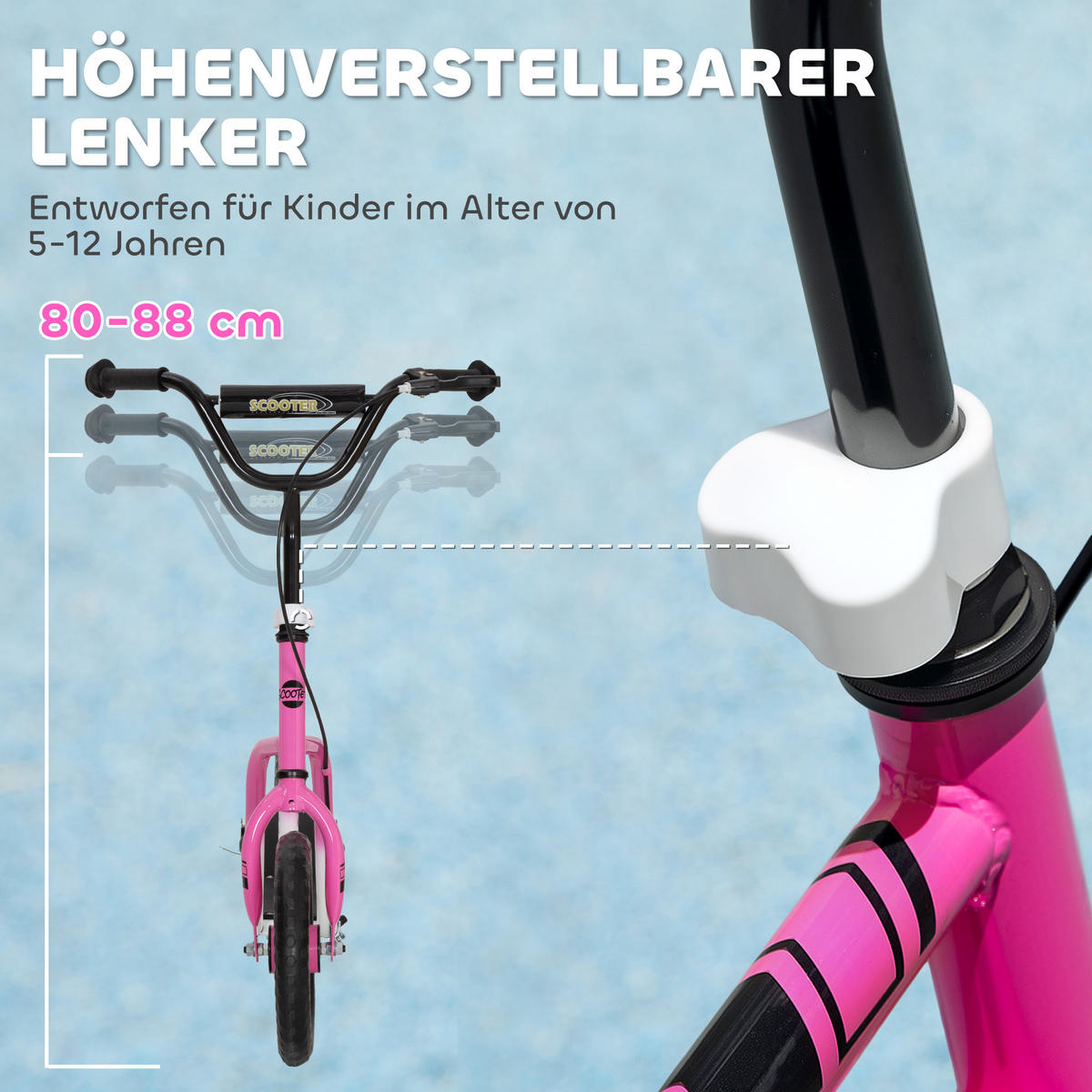 ROLLER Kinder Tretroller Kickscooter mit verstellbarem Lenker 12 Zoll Räder Rosa - Hellrosa, Kunststoff (115/50/88cm) - AIYAPLAY
