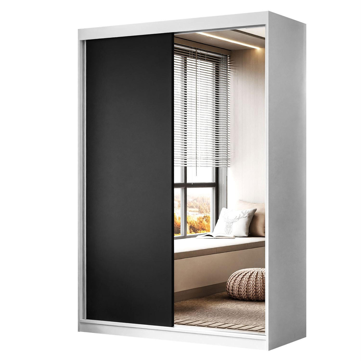 KLEIDERSCHRANK CAMARO II 150 cm mit Spiegel Schiebetürenschrank Weiß / Schwarz - Schwarz/Weiß, Holzwerkstoff (150/215/59cm) - Lookway