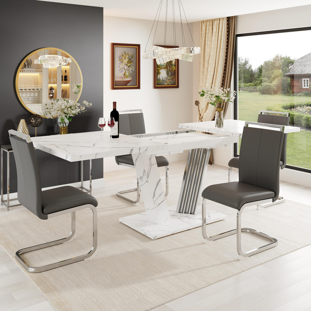 ESSTISCHSET 5-Teilig Ausziehbar 120-160x80 Cm, 4 Graue Kunstlederstühle - Weiß, Holzwerkstoff (68.5/16.5/95cm) - FLIEKS