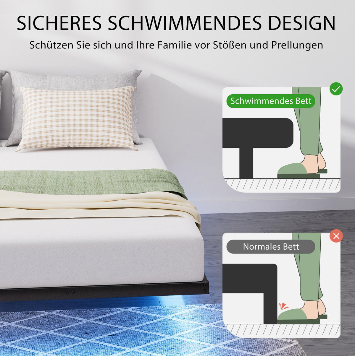 METALLBETT 140/200 cm in Schwarz mit LED, USB und Type-C - Schwarz, Metall (140/200cm) - CHICFURN
