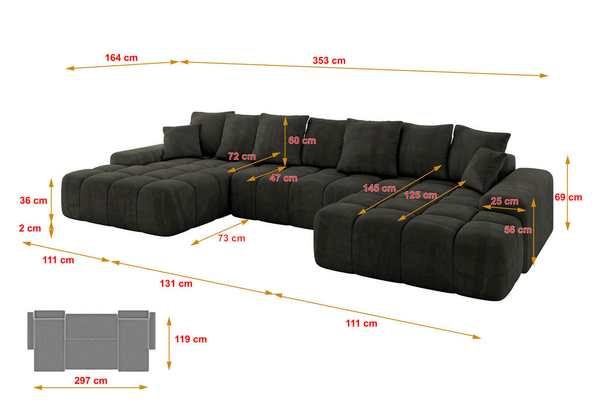 WOHNLANDSCHAFT ENSI-U - 353x164x88 cm Schwarz - Schwarz, Holzwerkstoff/Kunststoff (357/69/164cm) - ALTDECOR