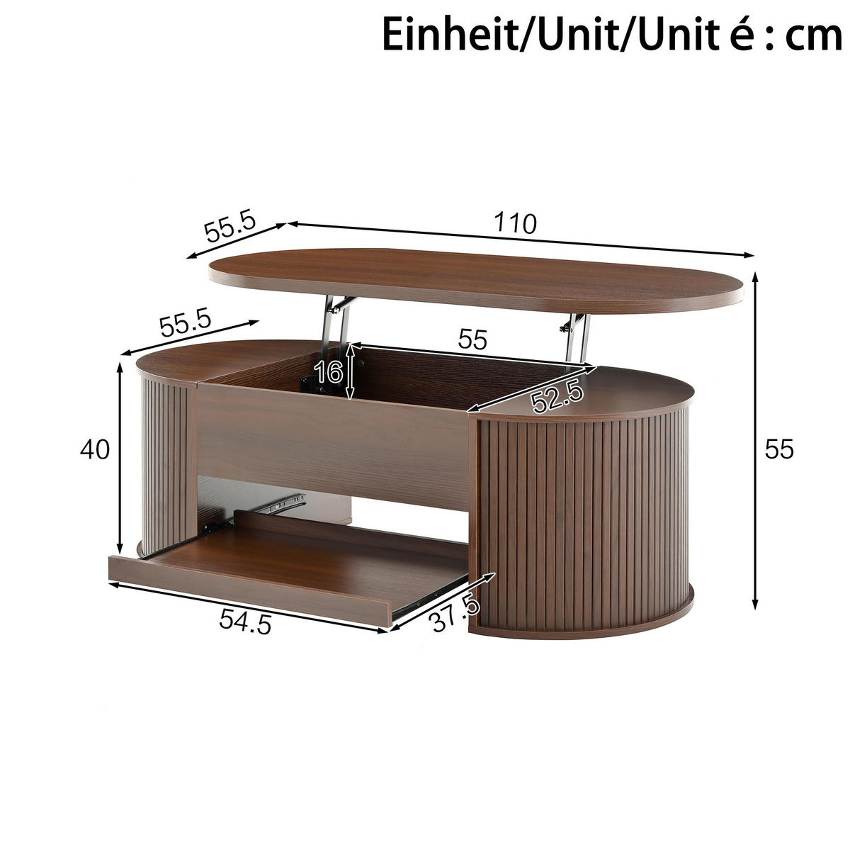 COUCHTISCH 110/55,5/40 cm höhenverstellbar mit klappbarer Tischplatte und ausziehbarer Ablage, Natur-Walnuss - Dunkelbraun, Holzwerkstoff (110/55.5/40cm) - Redom