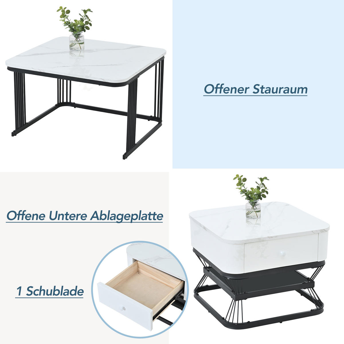 COUCHTISCH-SET Weiß/Schwarz 2er-Set 70/70/45 cm + 50/50/40 cm - Weiß, Glas (70/70/45cm) - PANGIVO