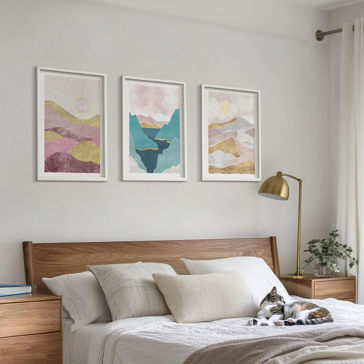 WANDBILDER 3er-Set - 40x60 cm Weißer Rahmen - Abstrakte Berge Sonne - Weiß, Kunststoff (40/60cm) - ArtPrintCave