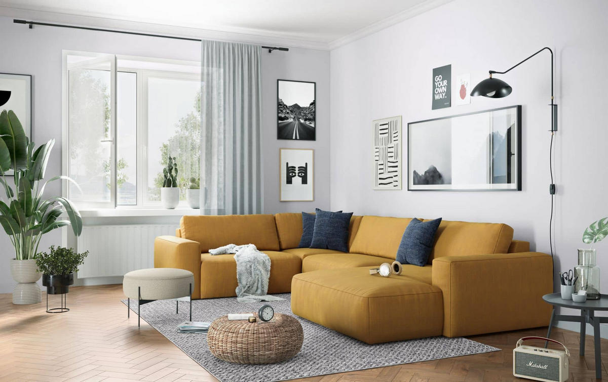 WOHNLANDSCHAFT mit wasserabweisendem Stoff - Currygelb/Gelb, Holz/Kunststoff (367/89/249cm) - Cotta