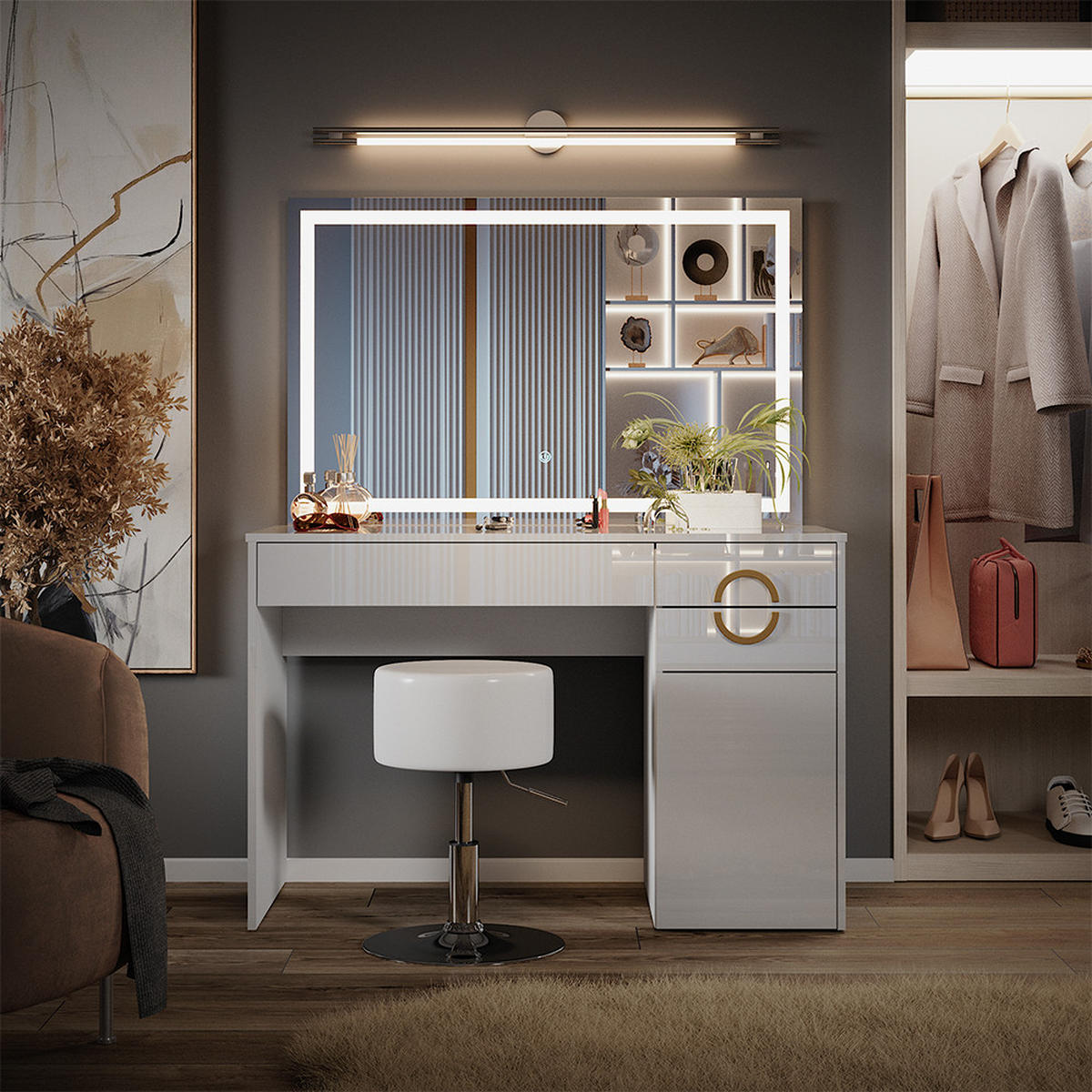 SCHMINKTISCH Adela Weiß 115 cm mit LED Spiegel und Hocker - Weiß, Holzwerkstoff (115/76.4/55cm) - Vicco