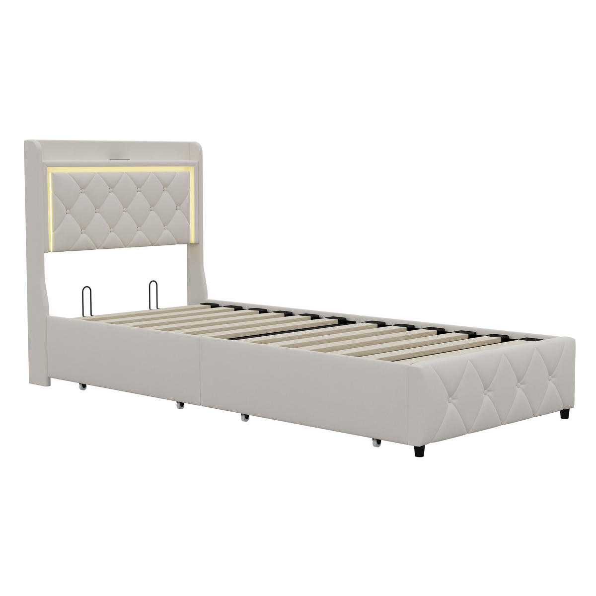 POLSTERBETT 90x200 cm LED USB Stauraum 4 Schubladen Lattenrost beige - Beige, Holz (90/200cm) - LEBENLANG