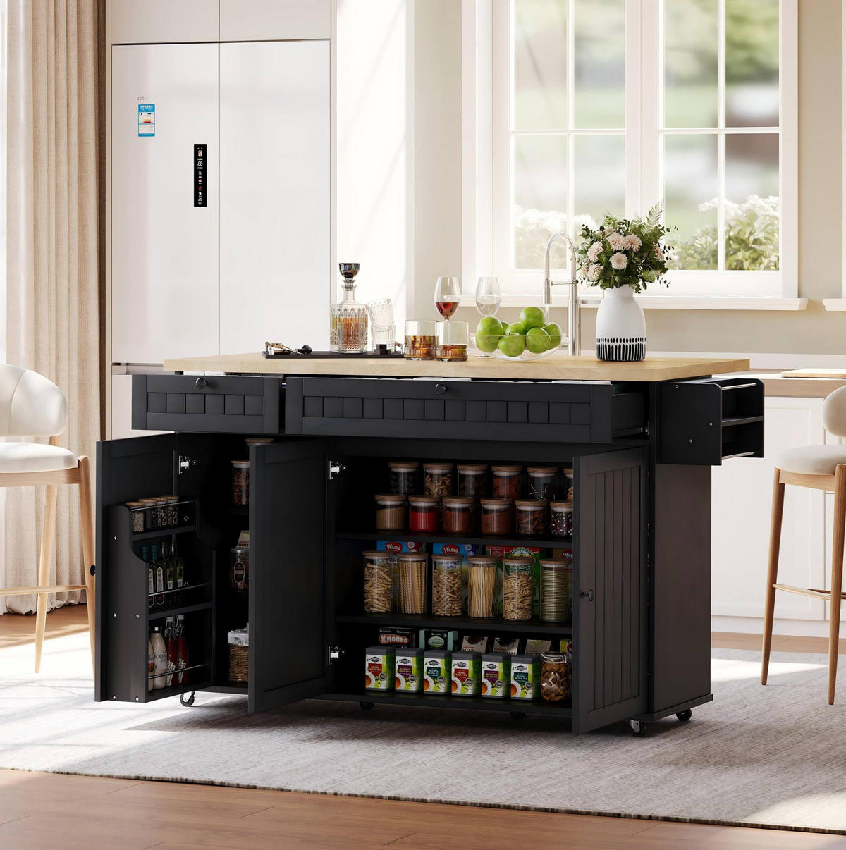KÜCHENINSEL 137/45/89,5 cm aus MDF mit klappbarer Arbeitsplatte, Rollen, Schubladen und Schrank, Natur/Schwarz - Schwarz/Braun, Holzwerkstoff (137/89.5/70cm) - Redom