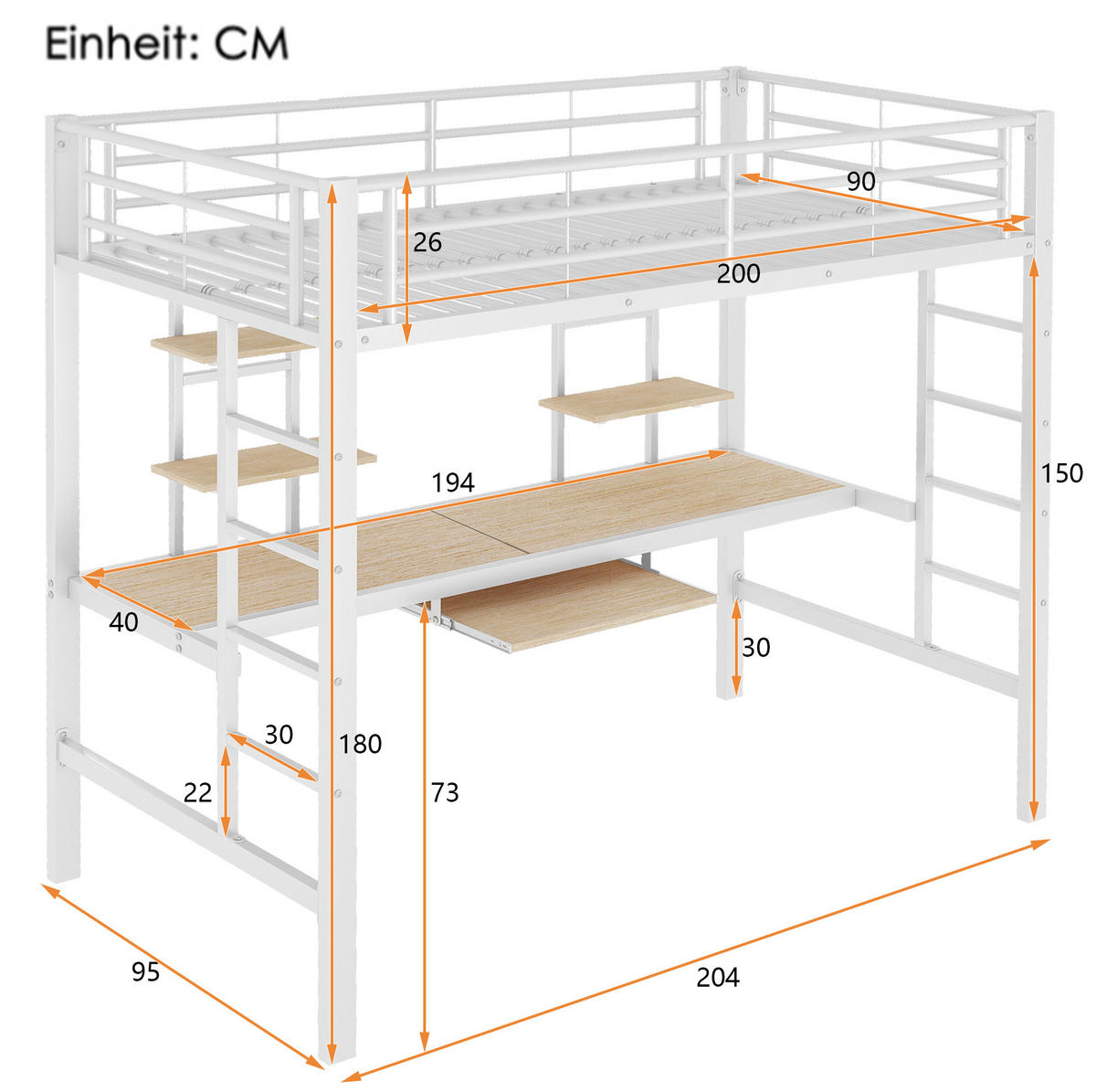 HOCHBETT 90/200 cm Weiß aus Metall mit Schreibtisch und 2 Regalen - Weiß, Metall (90/200cm) - OKMYHOME