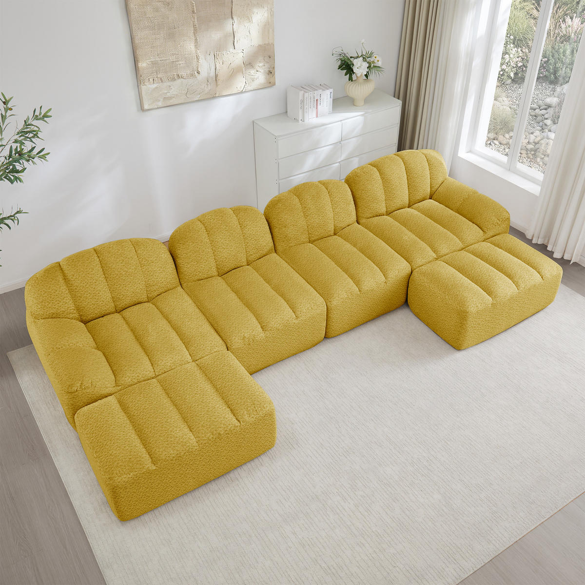 4-SITZER Sofa 366x165x79 cm aus granuliertem Fleece rahmenlos modular mit 2 Ottomans, gelb - Gelb, Textil (165/79/366cm) - Luhomfu