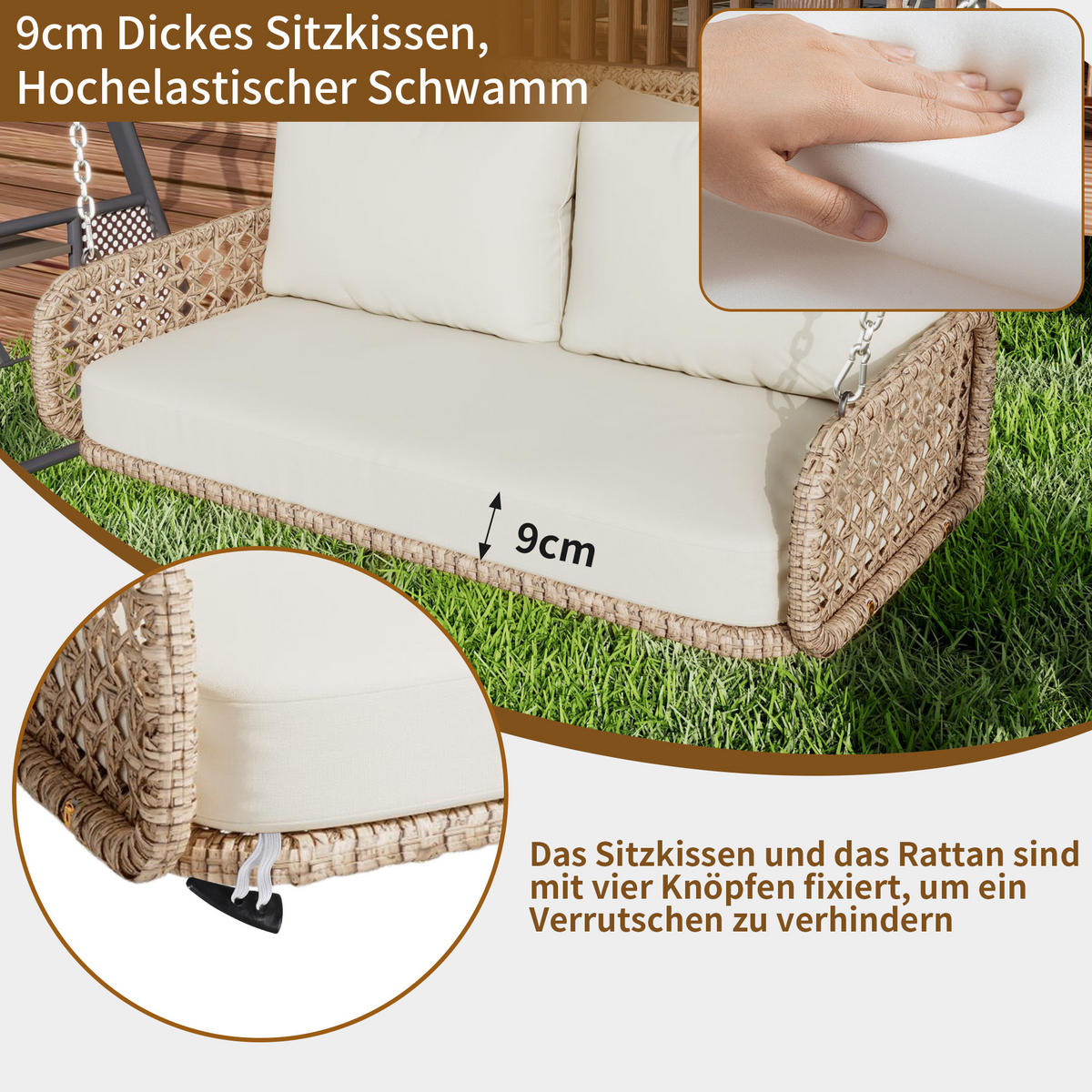 SCHAUKEL 2 Personen Beige PE-Rattan Belastbar 320 kg - Beige, Metall (56/23/113cm) - FLIEKS