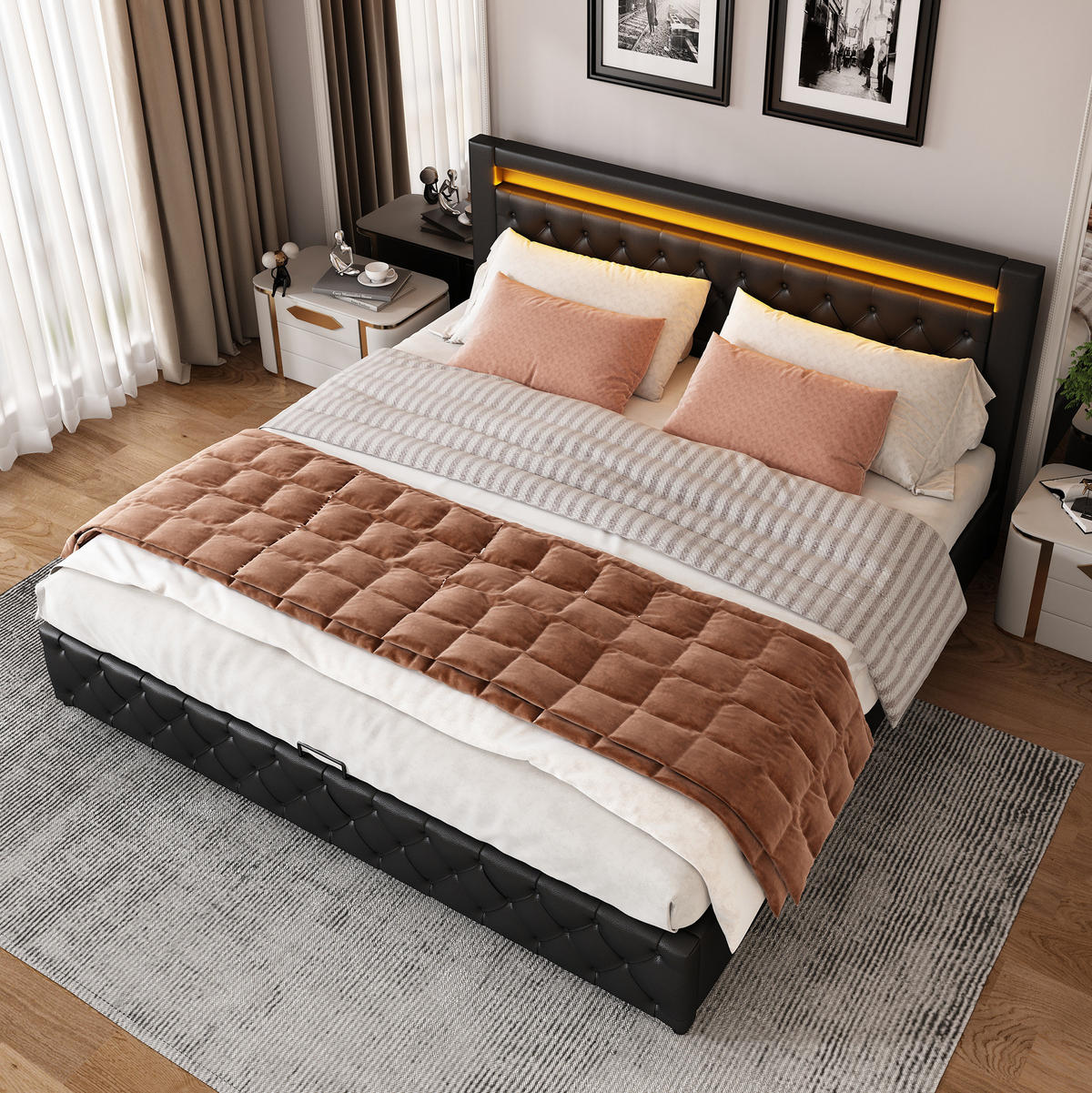 POLSTERBETT mit Bettkasten und LED 160x200 cm PU Schwarz - Schwarz, Metall (160/200cm) - Meubliv