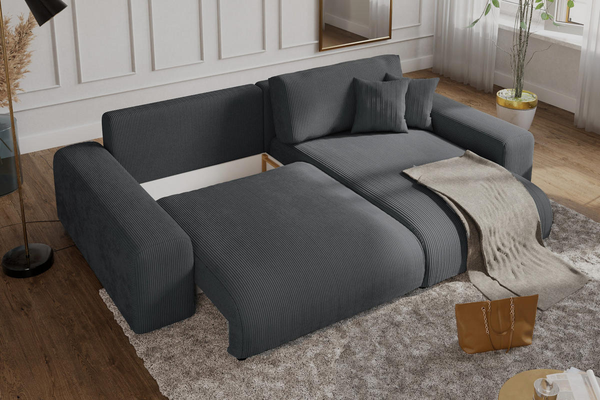 ECKSOFA mit Schlaffunktion, Bettkasten, Wellenunterfederung, seitenverkehrt montierbar B255/T165/H84 cm, Liegefl. 148x196 cm, Cord Grau / 21006 - Schwarz/Grau, Kunststoff/Textil (255/165cm) - luma-home
