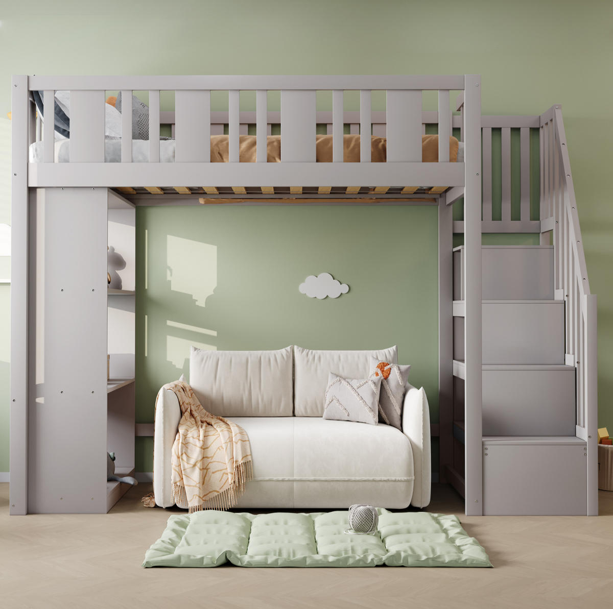 HOCHBETT 90/200 cm Grau aus Holz mit Stauraumtreppe - Grau, Holz (90/200cm) - OKMYHOME
