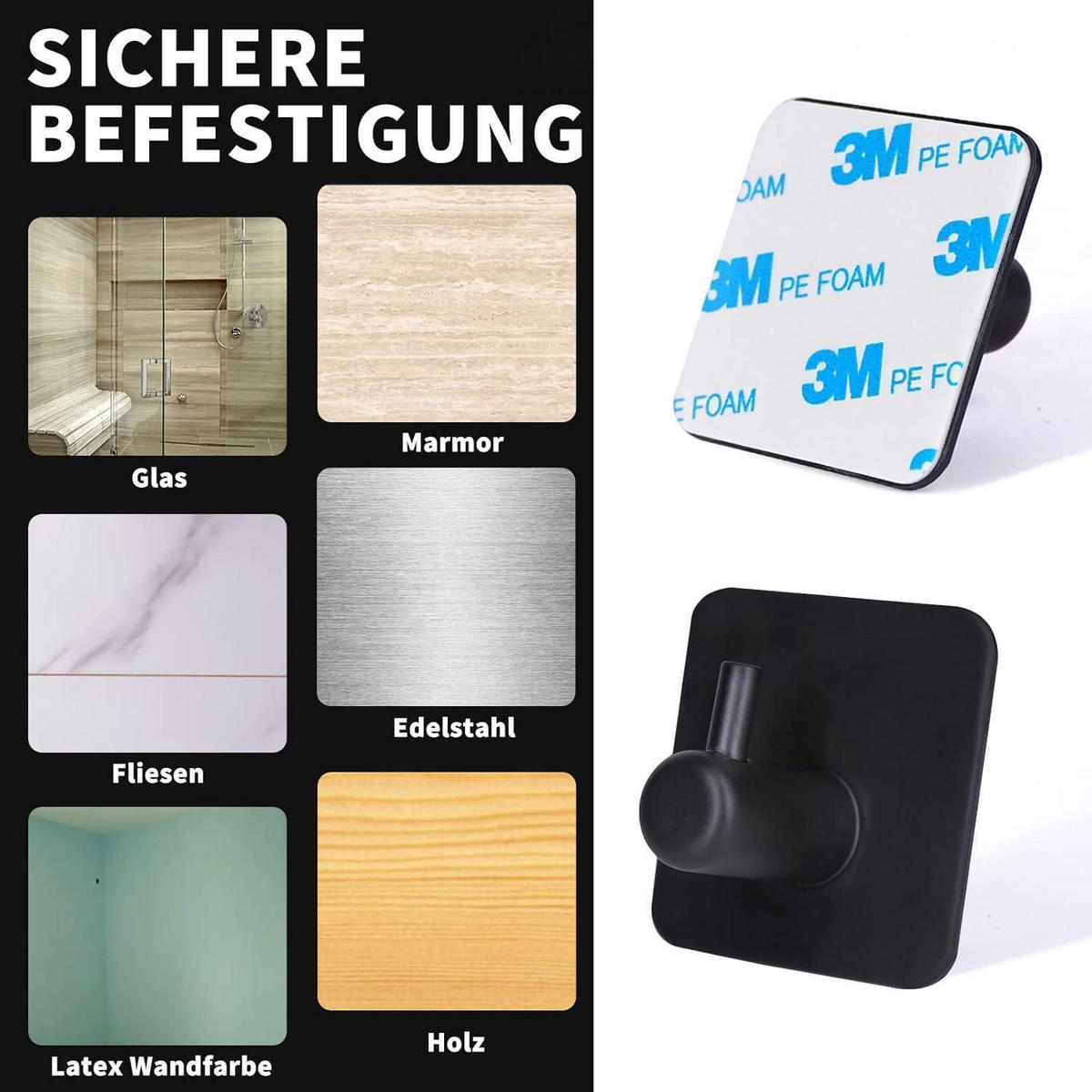 WANDHAKEN 6-teiliges Set Edelstahl Schwarz - Schwarz, Metall (5/3.8/5cm)