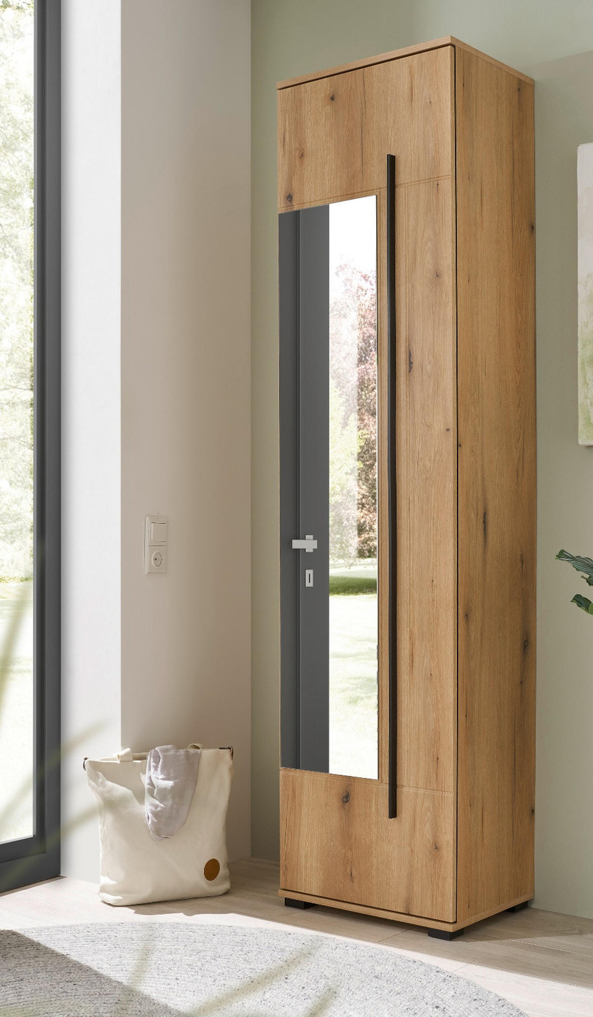 SCHUHSCHRANK Evoke Eiche 50 x 200 cm, Garderobenschrank mit Spiegel - Eichefarben/Schwarz, Glas/Holzwerkstoff (50/200/39cm) - Furn.Design