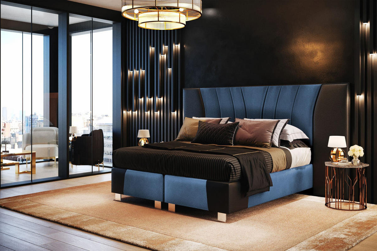 BOXSPRINGBETT IMPERIAL 140x200 cm, Aus Leder und Velvet Bezug, Schwarz Leder + Meerblau Velvet - Dunkelblau, Leder/Holz (140/200cm) - Trada