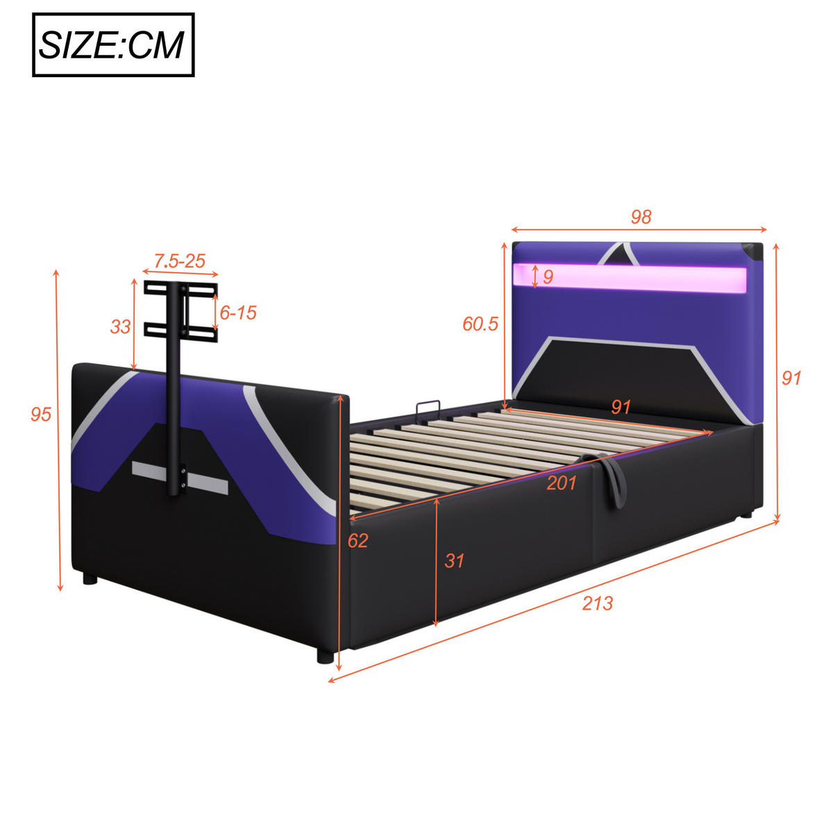 POLSTERBETT mit LED-Beleuchtung 90/200 cm mit Bettkasten und TV-Halterung - Schwarz, Kunststoff (90/200cm) - BEAOK