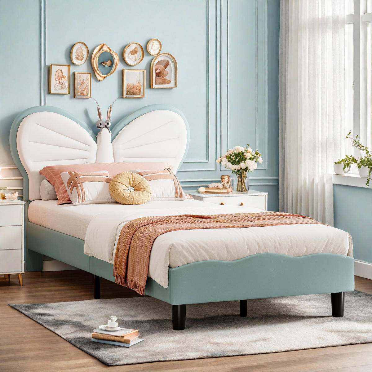 POLSTERBETT 90x200cm Blau Mit LED-Leselampe & Verstellbarem Kopfteil - Blau, Holz (90/200cm)