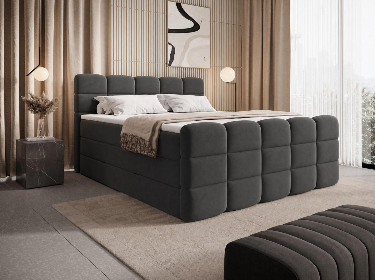 BOXSPRINGBETT Carenzo 2 Anthrazit 200/200 cm H2/H3 mit premium Topper - Anthrazit, Textil (200/200cm) - wonello