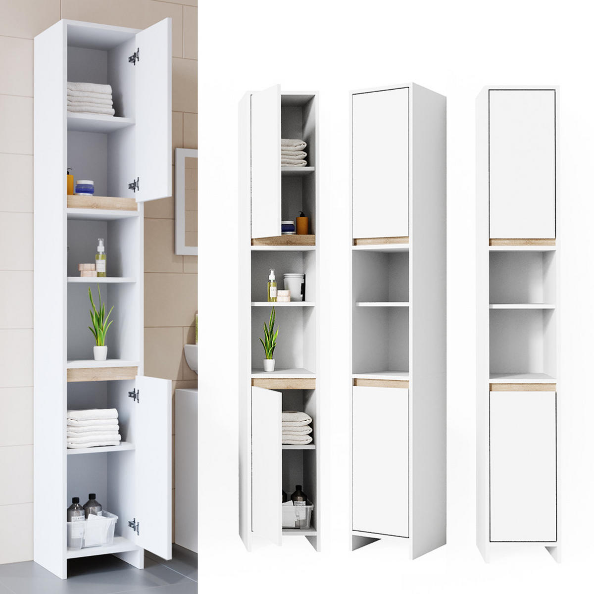BADSCHRANK Emma Weiß/Sonoma 30 x 190 cm - Weiß/Sonoma Eiche, Holzwerkstoff (30/190/30cm) - Vicco