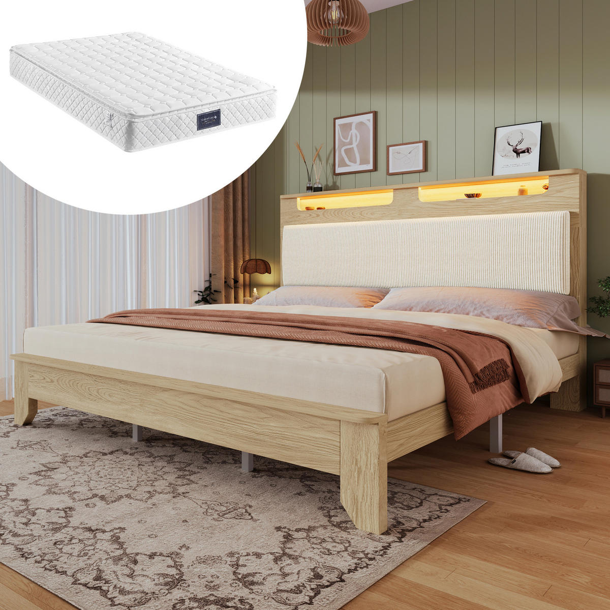 POLSTERBETT 140/200 cm Beige aus Cordstoff und Holz mit LED-Beleuchtung - Beige, Textil (140/200cm) - OKMYHOME