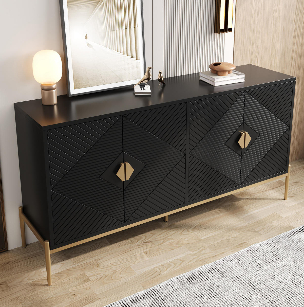 KOMMODE 162/80/40 cm Schwarz aus MDF und Holzwerkstoff mit 4 Türen - Schwarz, Holzwerkstoff (40/80/162cm) - OKMYHOME