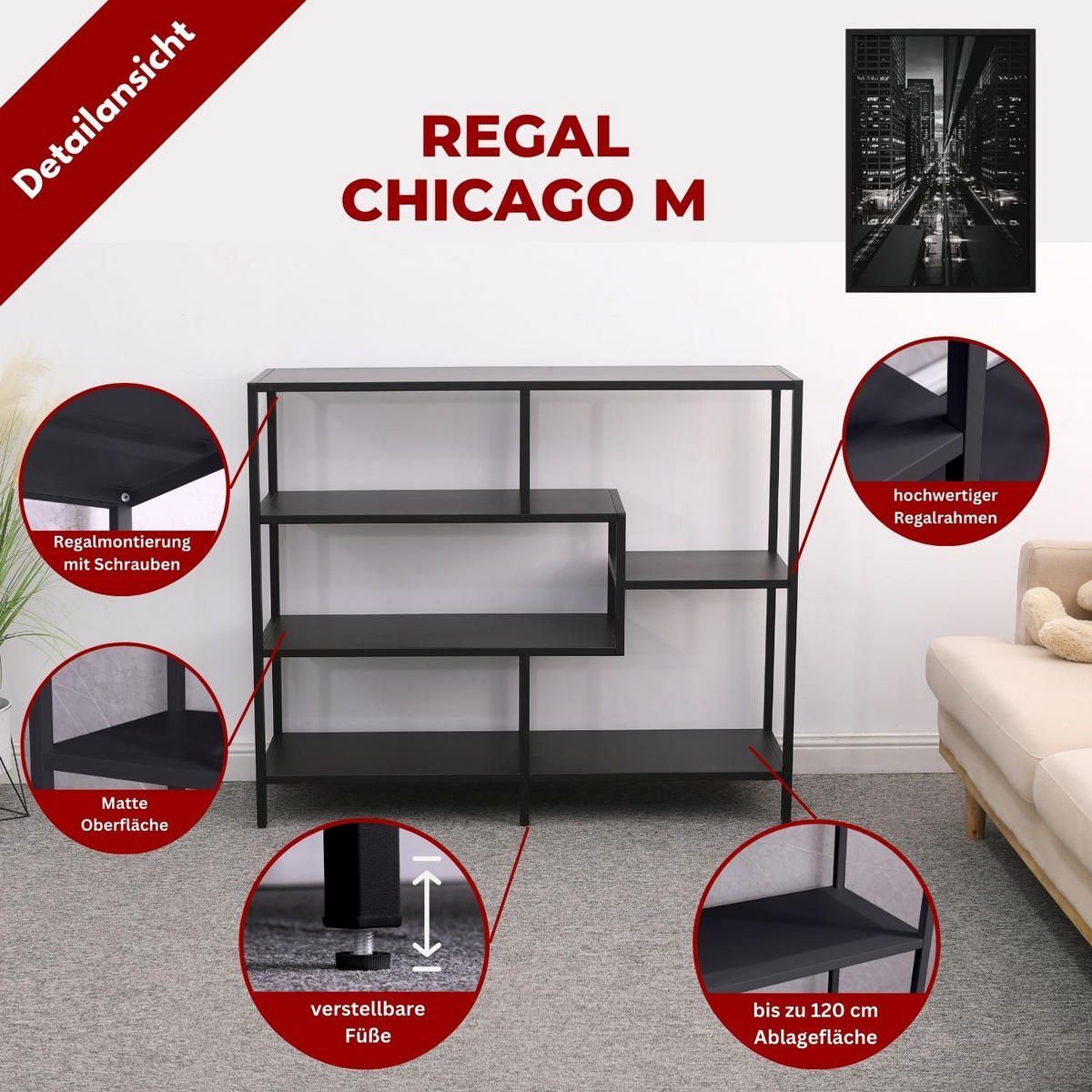 REGAL CHICAGO M Metall Schwarz 120/35/100 cm - Schwarz, Metall (35/100/120cm) - Coemo