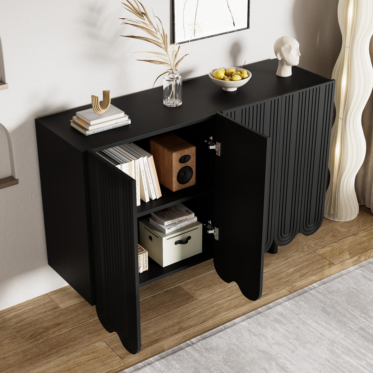 SIDEBOARD 4-türig aus MDF in Schwarz mit tropfenförmigen Schnitzereien und Soft-Close-Scharnieren, 120/37,5/80,8 cm, Schwarz - Schwarz, Holzwerkstoff (120/37.5/80.8cm) - Redom
