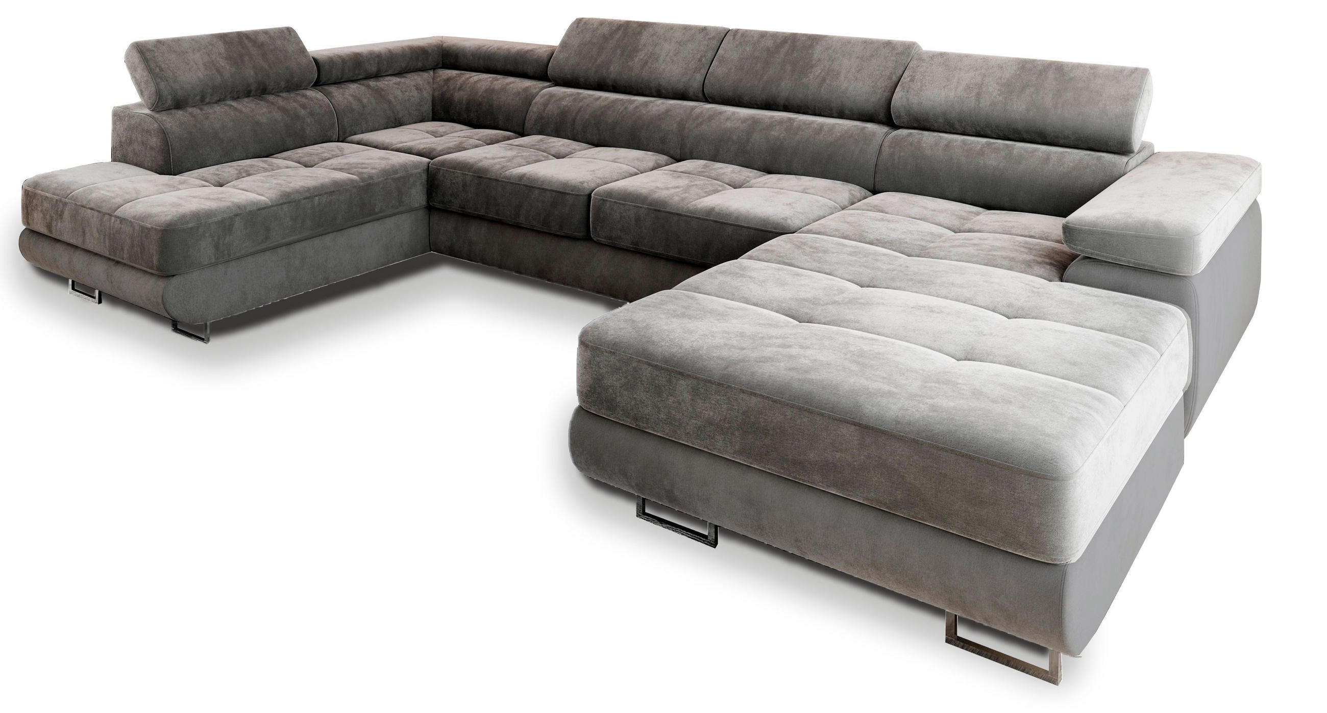 WOHNLANDSCHAFT CASONE L-S Grau Velours-Stoff mit Schlaffunktion - Grau, Holz (345/90/202cm) - MASSENO