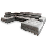 WOHNLANDSCHAFT CASONE L-S Grau Velours-Stoff mit Schlaffunktion - Grau, Holz (345/90/202cm) - MASSENO