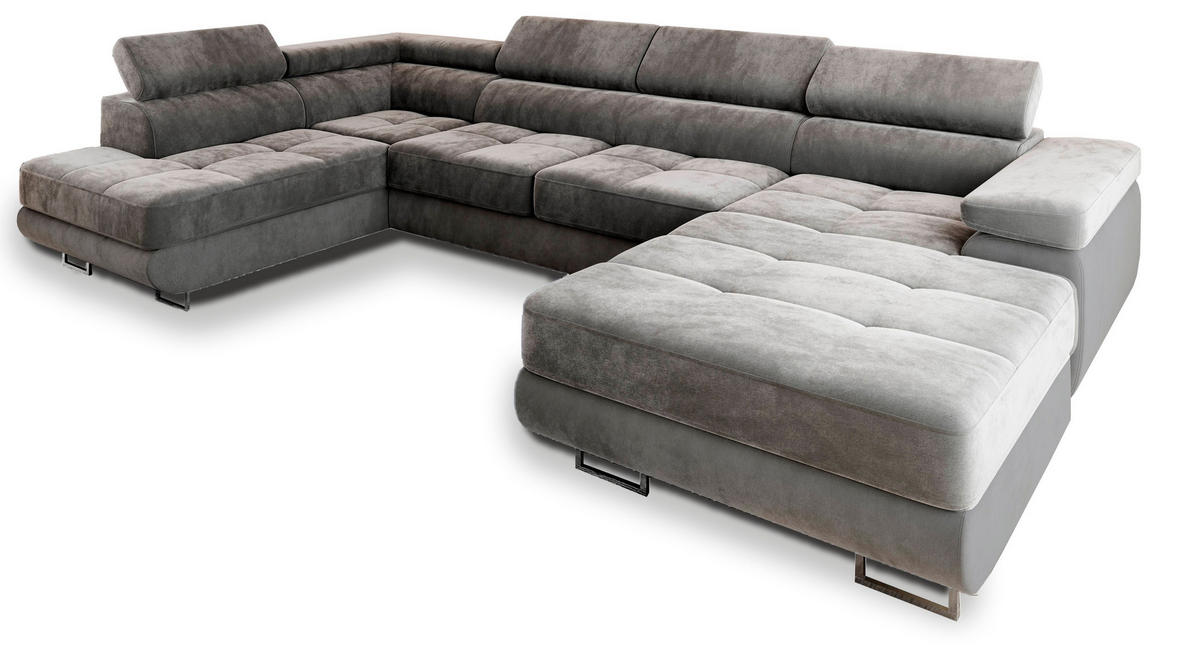 WOHNLANDSCHAFT CASONE L-S Grau Velours-Stoff mit Schlaffunktion - Grau, Holz (345/90/202cm) - MASSENO